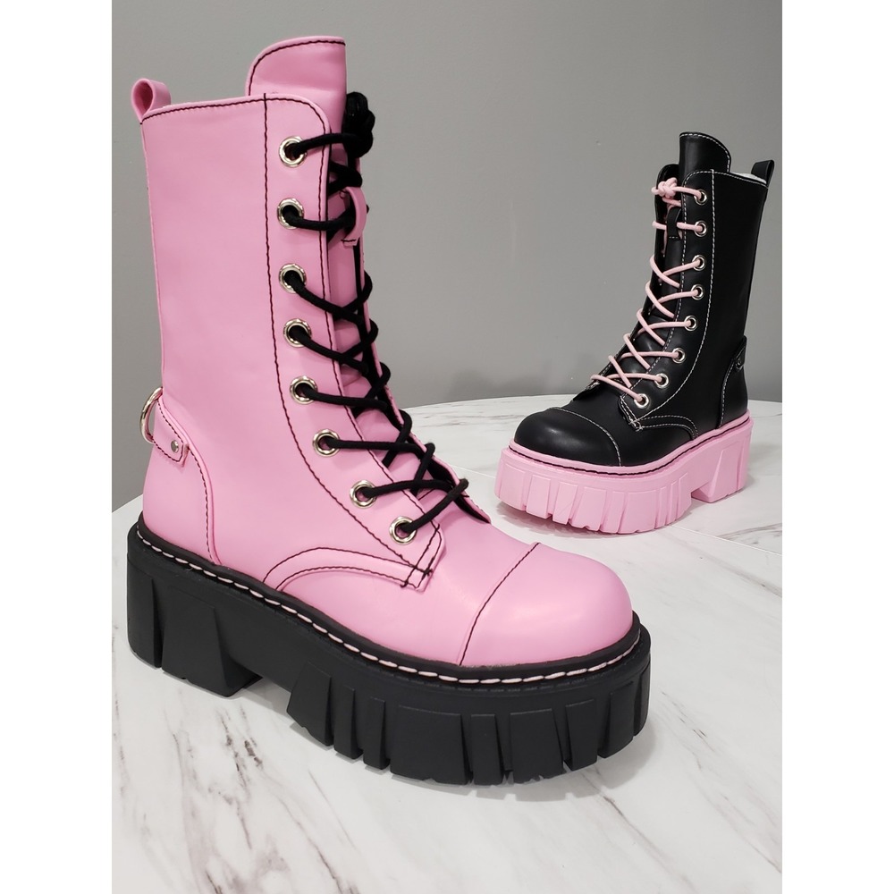 SZ 6 Dolls Kill Devil Games Mismatch Combat Boot BLACK PINK gothic witchy grunge